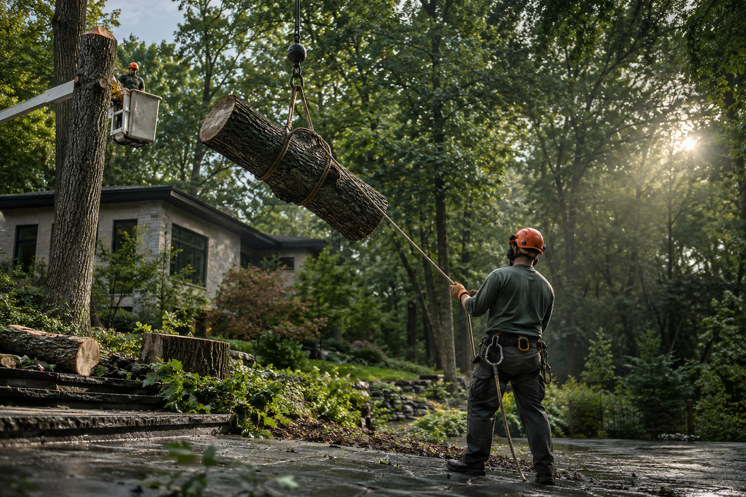Arborists controlling a suspended tree section with rigging
